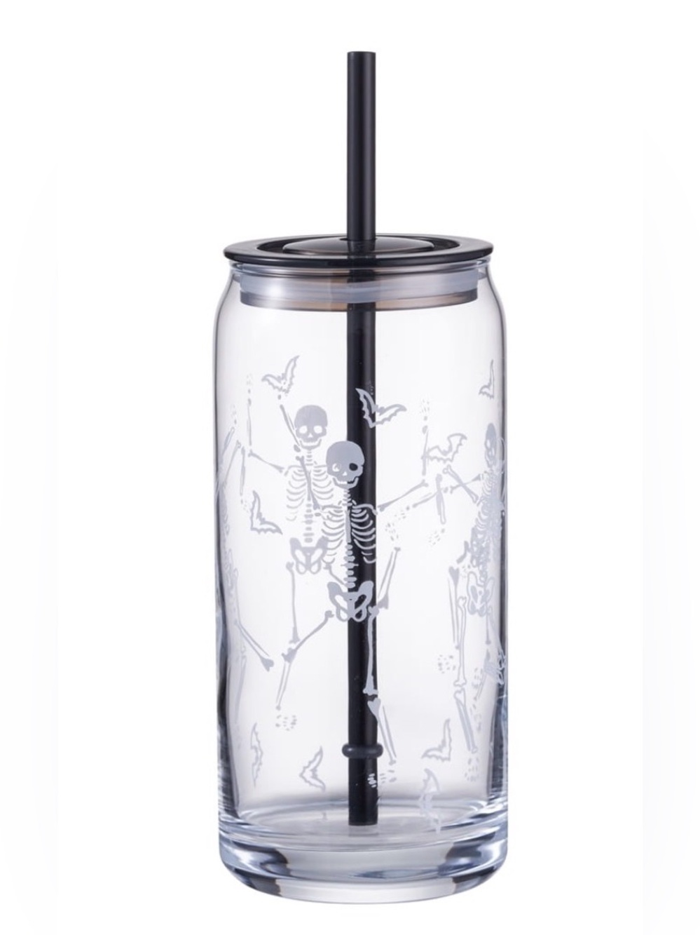 Clear Glass Tumbler with Black Lid & Straw - Dancing Skeleton Design New